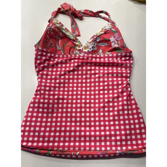 Tommy Bahama Halter Reversible Tankini Coral Summer Floral Gingham Swim Top - Picture 4 of 10